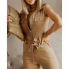 Kvinnor Mode Elegant Casual Workwear Party Romper Kvinna Ärmlös Jumpsuit Knapp Pocket Design Jumsuit 210716