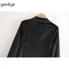 Kadınlar Vintage Siyah Kadife Blazer Uzun Kollu Çentikli Yaka Ince Ofis Takım Elbise Kadın Moda Altın Trim Sonbahar Giyim Tops 210514
