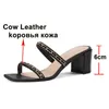 Meotina Tofflor Skor Kvinnor Äkta läder Sandaler Kedja Högklackat Slides Kvadrat Toe Tjock Häle Ladies Skodon Sommar Black 210608