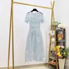 Sky Blue Crochet Lace Summer Women's Short Sleeve Ruffles Flower Hollow Out High Waist Midi Long Dress 210416