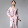 Summer Women Silk Satin Sleepwear RGE Size Textile Homewear Solid Color Sling Sexy Pyjamas Three Piece Pyjamas Set23016373947005