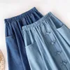 Printemps été femmes Vintage Style chinois boucle bleu taille haute soleil école genou longueur Midi femme Denim jupe 210421