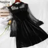 NEPLOE Vintage Pleuche Sukienki Kobiety Patchwork Przeglądaj przez Gaza Dress High Waist Slim Robe Koronki Ruffles Temperament Vestidos 210422