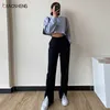 Women's Pants Fashion Loose Trousers For Female Boot Cut Straight Pants Full Length High Waist Casual Wide Leg Split Pants 211006