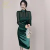 Parti Elbiseleri H HAN Rainha Outono Perspectiva Feminina Coreana Şifon Ekleme Lápis Vestidos Nova Ocupação Vestido Elegante Simples Festa