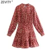 ZEVITY Mujeres Dulce Estampado Floral Diseño de Prensa Pliegues Casual Slim Mini Vestido Femenino Chic Manga Larga Marca Vestidos de Fiesta DS9057 Y1204