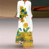 Lato Duży Rozmiar Wkładka Kieszonkowy Kwiatowy Kwiatowy Drukowana Dress Sexy V-Neck Z Długim Rękawem Maxi Femme Vestido de Mujer 210517