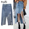 Denim Midi Skirt Holes Hög midja Split Sommar Streetwear Faldas Oregelbundna Kjolar Kvinnor Jeans Ropa Mujer Chic Jupe Femme 210421