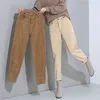 Lucykever jesień zima casual ciepłe spodnie elegancki sztruks harem kobieta vintage brązowy przycisk wysoki talii spodnie 211124