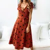 夏のドレスの女性ヴィンテージのドレスカジュアルなPolka DotプリントAラインパーティードレスセクシーなVネック半袖ロングドレスファッション210715