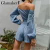Glamaker Blue Abito 2 pezzi Top donna con annodatura sul petto e pantaloncini larghi Abito casual in cotone comodo Completi da donna 210331
