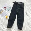 Koreansk hög midja jeans kvinnor solid bälte harem byxor lös avslappnad plus storlek hög gata denim byxor pantalon femme med bälte 210715