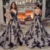 Amazing Black Backless Wedding Dresses Sheer Deep V Neck Bridal Gowns Beaded A Line Sweep Train Tulle robe de mariée