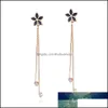 Dangle Lustre Boucles D'oreilles Bijoux Noir Fleur Cz Longue Chaîne Goutte Pour Les Femmes En Acier Inoxydable Or Rose Couleur Partie Oreille Cadeau Prix Usine