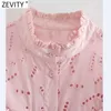 Zeefity Dames Sweet Agaric Kant Holle Borduurwerk Casual Roze Blouse Femme Lange Mouw Ruches Roupas Chic Blusas Tops LS9213 210603