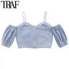 TRAF femmes Sexy mode cordon attaché Denim recadrée Blouses Vintage dos nu fermeture éclair bretelles femmes chemises Chic hauts 210415