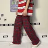 Houzhou原宿赤の格子縞のズボン女性ゴシックストリートウェアチェックズボン韓国のファッション特大ワイドレッグスウェットパンツ211115