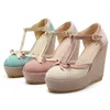 Klänning Skor Sandaler Kvinnors Högkvalitativa Eleganta Platform Wedges Bowknot Buckle Heel Round Toe Leisure Gummi 2021