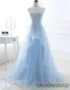 Sweety Princess Sequins Light Blue A-Line Formal Evening Dresses 2021 Lace Up Sweetheart Appliques Crystal Tulle Cocktail Prom Party Gowns E29