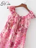 HSA zomer floral jurk sexyoff shouderl strand stijl losse roze vakantie vestidos strikje cascading mini-jurk robe boho 210716