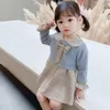 Sukienka dziewczyny Sukienka na rok 2022 koreańska moda dzieci zima ciepła dzianiny kratki Fałszywy Dwa spódnicy Zestawy Toddler Girls Baby Kawaii Bowknot