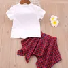Meisje set zomer cartoon liefde t-shirt + plaid jurk 2 stks kinderen baby meisjes kinderkleding 210515