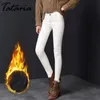 Hög midja vit jeans kvinnlig vinter sammet byxor tjock varm stretch jean slim femme skinny penna för kvinnor 210514