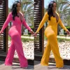 Sexy jumpsuit mulheres profundas vice-pescoço manga comprida roupa de néon rosa amarelo trabalho de outono playsuit escritório senhoras macacões 210517