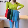 Korobov Vintage Solidne Kobiety V Neck Swetry Koreański Elegancki Przycisk Sueter Mujer Nowy Z Długim Rękawem Swetry Zwoleniem Femme 210430