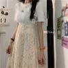 Vintage Çiçek Baskı A-Line Pileli Uzun Etekler Yaz Pembe Kadın Şifon Kore Streetwear Elastik Bel MIDI 210421