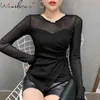 Bahar Güz Kore Tarzı T-Shirt Kız Moda Seksi Örtü Elmaslar Patchwork Mesh Oturgunluk Pamuk Kadın Tees T11405A 210421 Tops