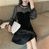 French Retro Styel Black Velvet Lantern Sleeve Dress Women with Zipper Commute See Through Polka Dot Women's Vestido 12762 210427