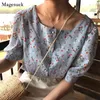 Camicetta in chiffon stampato floreale dolce coreano Abbigliamento donna Colletto quadrato Camicia donna manica corta Chic Summer Top Blusas 14355 210512