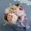 Wedding Flowers European Vintage Bridal Bouquet Artificial Dusty Peony Fake Succulent Plant Lace Ribbon Bridesmaid Party