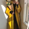 Jaqueta feminina de inverno com lapela de lã casaco longo de lã cardigã elegante quente solto bandagem exterior com bolso preto amarelo