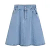 Dżinsowa spódnica damska średnia długość wysoka talia A-line Denim Plisowany puffy z kieszenią Falda Pantalon de Mujer 210619