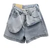 Sommar mode avslappnad elegant retro denim shorts kvinnlig hög midja bredben Kort design känsla av oregelbunden 210510