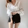 Koreaanse losse chique vrouwen blouse eenvoudige veelzijdige revers lange mouw shirt elegante tops roze blusas mujer 12492