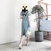 Lato Vintage Lady Peter Pan Collar Dress Elegant Slim Slim Botton Solid Blue A-Line Party Female 210608