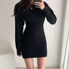 İlkbahar Sonbahar Kadın Seksi Backless Yüksek Bel Ince Bodycon Elbise Vintage O-Boyun Örme Mini 210423