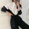Damesblouses Shirts 2022 Koreaanse chique mode losse contrast katoenen shirt blouse casual revers kraag top vrouwelijk wit zwart