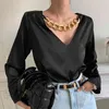 Fashion Solid V Neck Women Blouse and Tops Streetwear Loose Long Sleeve Shirts Black White Female Clothing 13066 210508