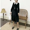 Woman Elegant Black Velvet Office Lady Button Turn Down Collar Long Sleeve Knee Length Dress A-line Lace D1588 210514