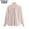 TRAF Women Fashion Semi-Sheer Gedrukte geplooide blouses vintage hoge kraag lange mouw vrouwelijke shirts blusas chic tops 210415