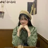 Matakawa Single-Breasted Losed Puff Sleeve Blusas Korea Chic Cute Peter Pan Collar Kobiety Bluzki Hit Color Plaid Ladies Koszula 210513