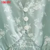 Tangada Summer Women Green Flowers Print Midi Dress Puff Short Sleeve V Neck Ladies Sundress XN279 210609