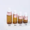300pcs 1ml 2ml 3ml Small Amber Glass Dropperflaskor Flaskor med Rose Gold Cap Essential Oil Perfume E Liquid Bottle Contianer