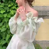 Przypadkowe sukienki Off Ramię Organza Drukuj Sexy Elegent Vintage Latarnia Rękaw Nieregularne Ruffles Fairy Kobiety Sukienka Letnia Odzież