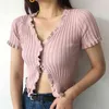 Sexy black knitted cardigan women crop sweater v neck ruffle cropped casual korean spring 210521