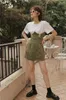 Designer Summer T Shirt Dress Women Vintage Tunica Frog Button Patchwork Mini Green Short Abbigliamento 210427